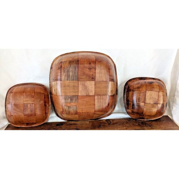 7pc Vintage Boho Woven Wood Salad Bowl Set – Mid Century Natural Kitchen Decor - Picture 4 of 4